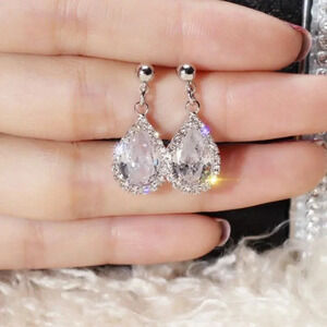 NEW White Gold Crystal Pear Drop Diamond Earrings